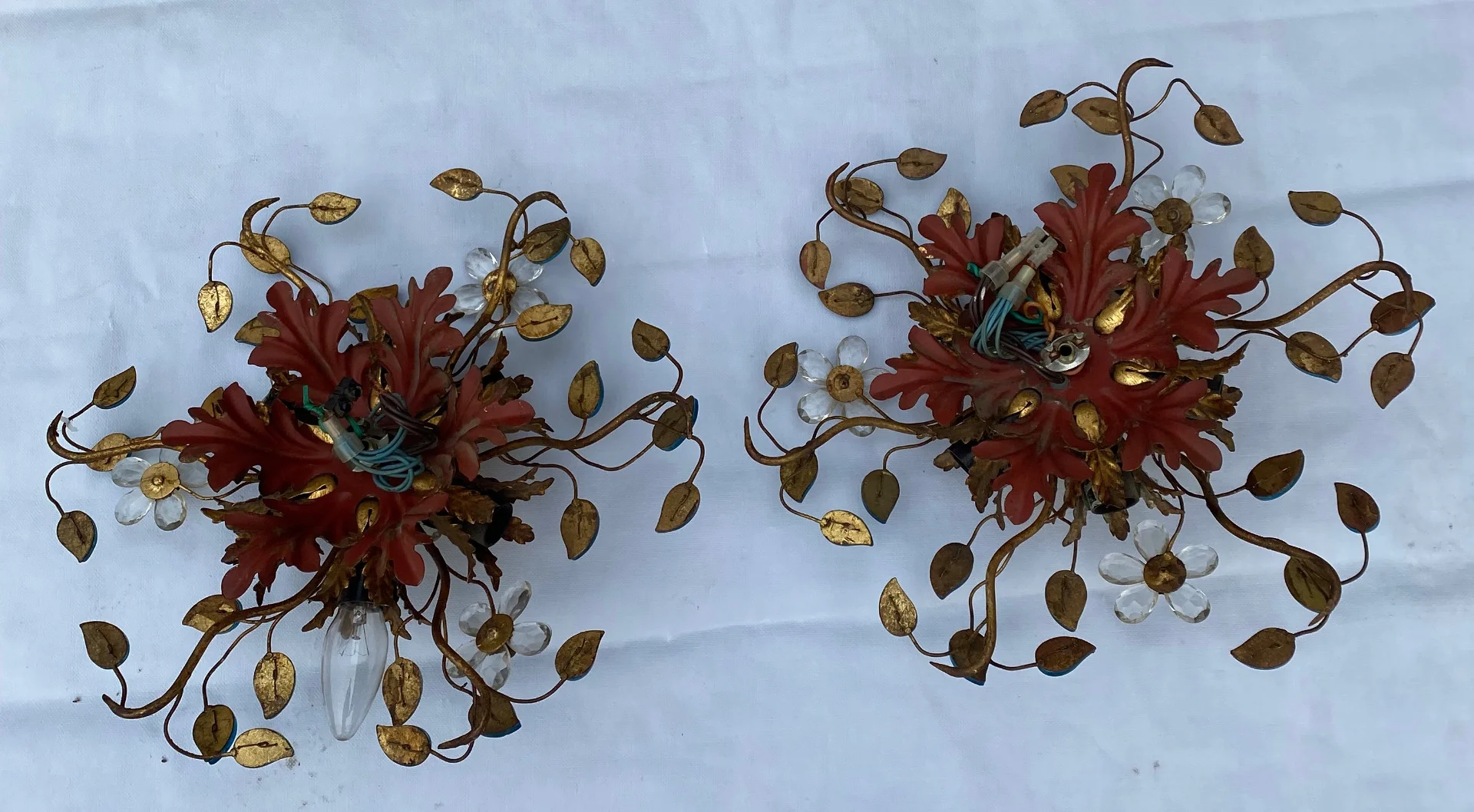 1970′ Pair of Ceiling Lights or Wall Lamps Decorated with Flowers and Leaves in Golden Metal Maison Baguès or Banci Style Leaves in Blue Colored Glass