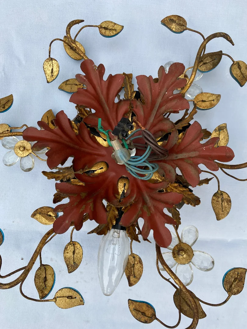 1970′ Pair of Ceiling Lights or Wall Lamps Decorated with Flowers and Leaves in Golden Metal Maison Baguès or Banci Style Leaves in Blue Colored Glass