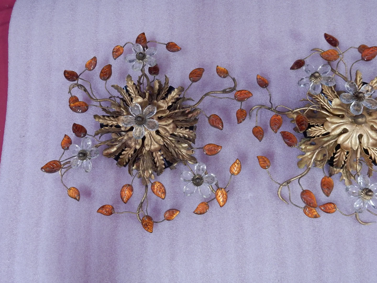 1970′ Pair of Ceiling Lights or Wall Lamps Decorated with Flowers and Leaves in Golden Metal Maison Baguès or Banci Style Leaves in Orange Colored Glass