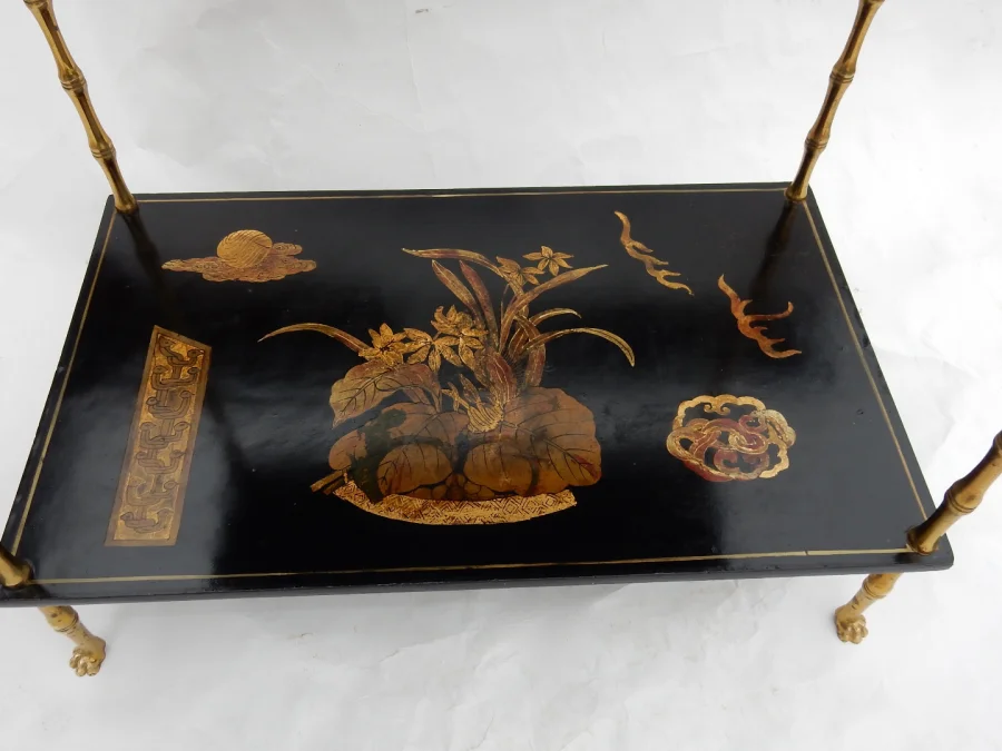 1950′ Maison Baguès Table Bamboo Decor in Gilt Bronze With Chinese Lacquer Trays