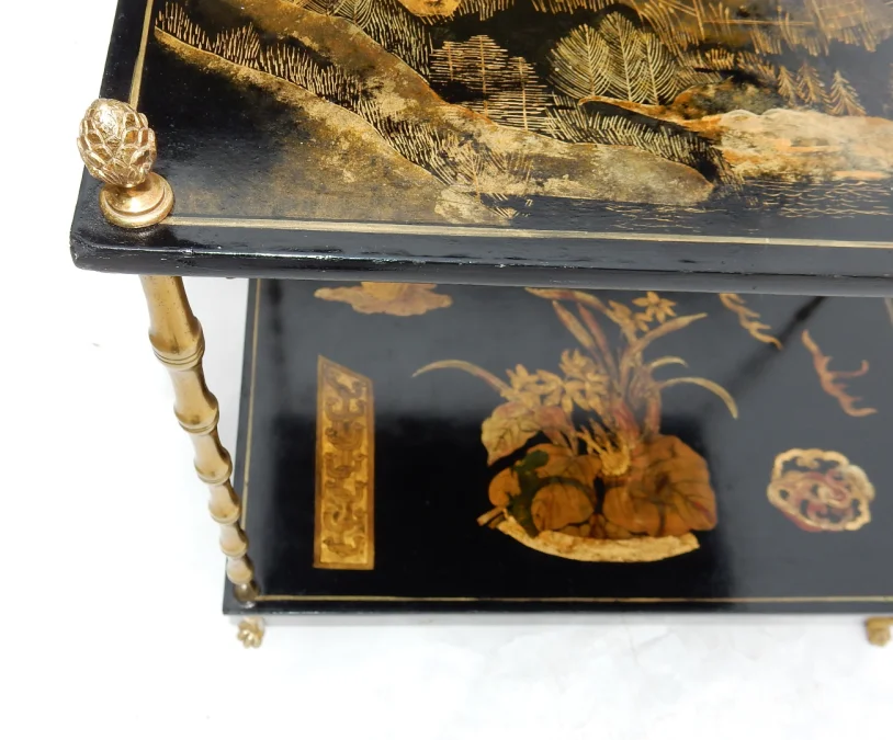 1950′ Maison Baguès Table Bamboo Decor in Gilt Bronze With Chinese Lacquer Trays