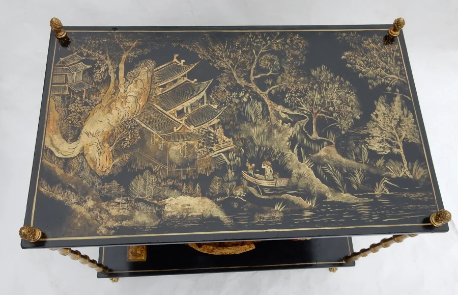 1950′ Maison Baguès Table Bamboo Decor in Gilt Bronze With Chinese Lacquer Trays