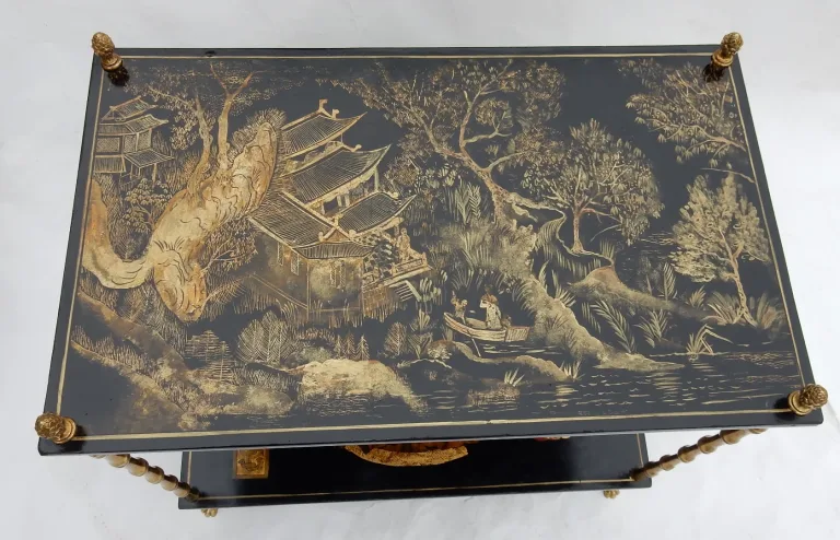 1950′ Table Maison Baguès Décor Bambou en Bronze Doré Avec Plateaux Laque de Chine