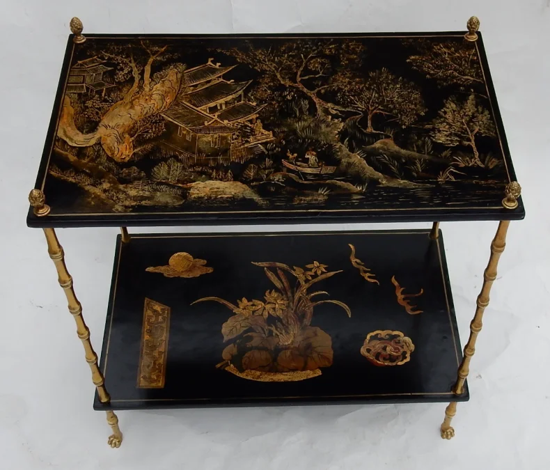 1950′ Maison Baguès Table Bamboo Decor in Gilt Bronze With Chinese Lacquer Trays