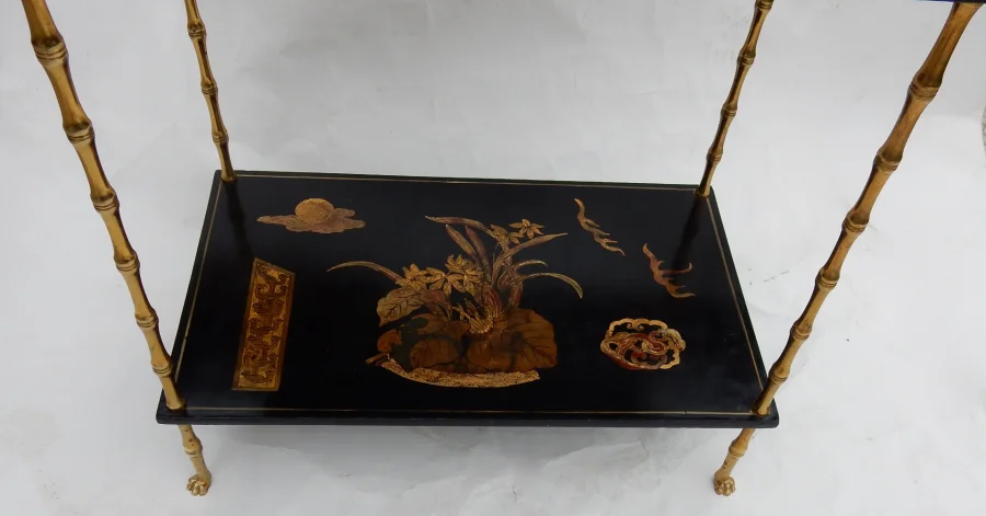 1950′ Maison Baguès Table Bamboo Decor in Gilt Bronze With Chinese Lacquer Trays