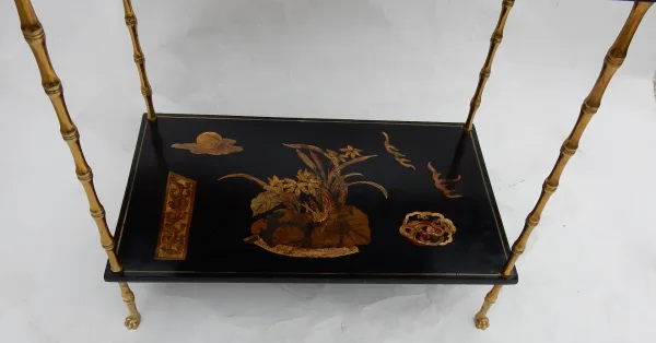 1950′ Table Maison Baguès Décor Bambou en Bronze Doré Avec Plateaux Laque de Chine