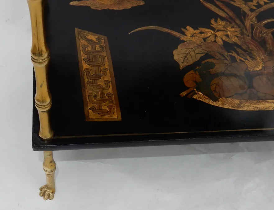 1950′ Maison Baguès Table Bamboo Decor in Gilt Bronze With Chinese Lacquer Trays