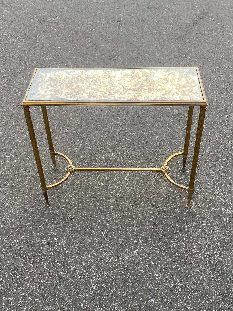 1950/70 Console Ou Bout De Canapé Bronze Doré Maison Jansen Ou Maison Charles Ou Maison Bagués Plateau Miroir Oxydé Vieilli Avec Entretoise