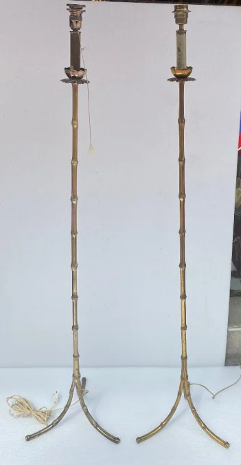 1970′ Pair Of Gilt Bronze Floor Lamps Maison Baguès Bamboo Model