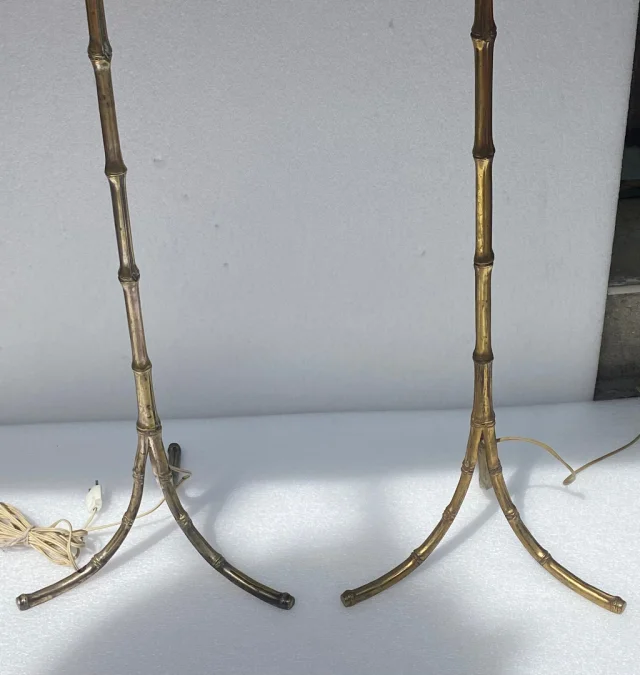 1970′ Pair Of Gilt Bronze Floor Lamps Maison Baguès Bamboo Model