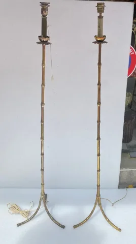 1970′ Paire De Lampadaires En Bronze Doré Maison Baguès Modèle Bambou