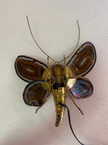 1970’ Applique Papillon en Bronze ou Laiton, Duval Brasseur Ou Isabelle Faure, 1 Ampoule, Ailes d’Agate