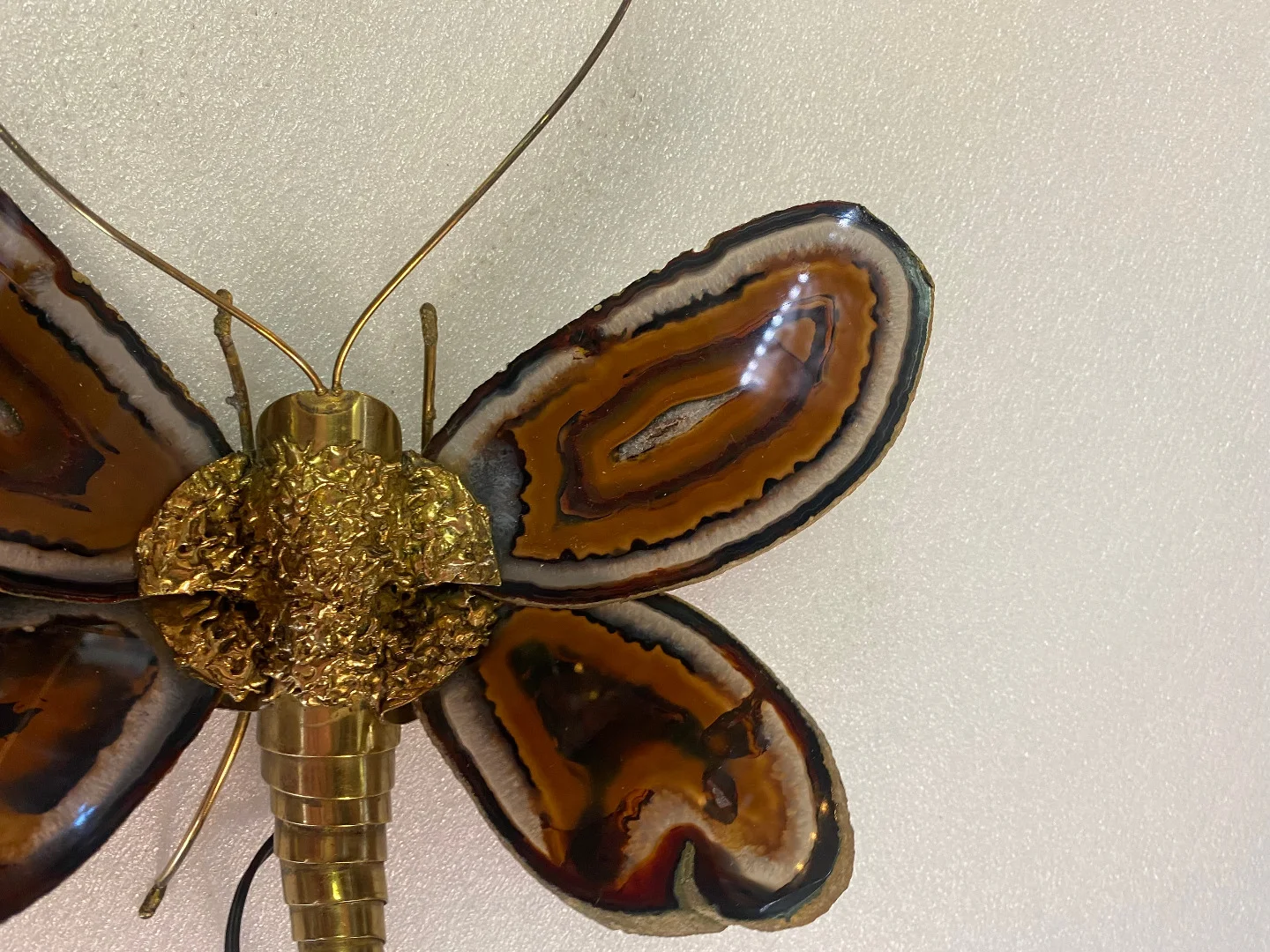 1970’ Applique Papillon en Bronze ou Laiton, Duval Brasseur Ou Isabelle Faure, 1 Ampoule, Ailes d’Agate