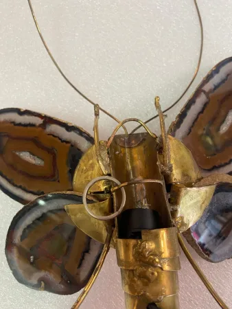 1970’ Butterfly Wall Lamp in Bronze or Brass, Duval Brasseur Or Isabelle Faure, 1 Bulb, Agate Wings