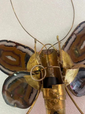 1970’ Applique Papillon en Bronze ou Laiton, Duval Brasseur Ou Isabelle Faure, 1 Ampoule, Ailes d’Agate