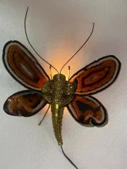 1970’ Butterfly Wall Lamp in Bronze or Brass, Duval Brasseur Or Isabelle Faure, 1 Bulb, Agate Wings