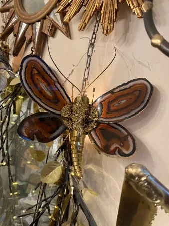 1970’ Butterfly Wall Lamp in Bronze or Brass, Duval Brasseur Or Isabelle Faure, 1 Bulb, Agate Wings