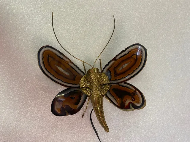1970’ Applique Papillon en Bronze ou Laiton, Duval Brasseur Ou Isabelle Faure, 1 Ampoule, Ailes d’Agate