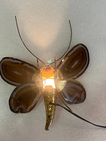 1970’ Butterfly Wall Lamp in Bronze or Brass, Duval Brasseur Or Isabelle Faure, 1 Bulb, Agate Wings