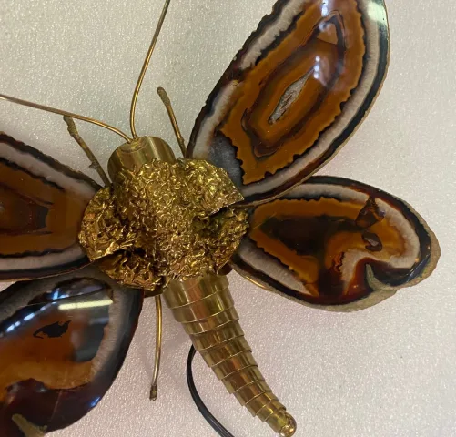 1970’ Applique Papillon en Bronze ou Laiton, Duval Brasseur Ou Isabelle Faure, 1 Ampoule, Ailes d’Agate