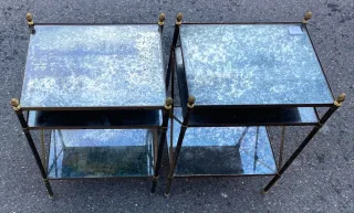 1950/70′ Pair of Brass Shelves with 3 Tiers Aged Oxidized Mirrors Maison Baguès with Cross Bars with Daisies