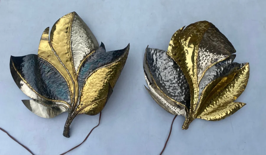 1970′ Pair of Sconces In Silvered And Patinated Brass Fernandez Or Isabelle Faure Or Duval Brasseur