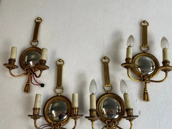 1950/70′ 2 Pairs of Gilt Bronze Sconces With Convex Mirror Signed Petitot