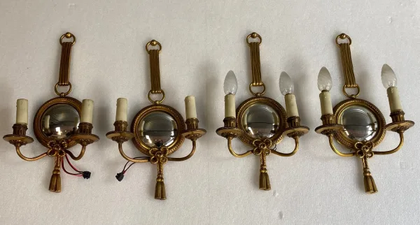 1950/70′ 2 Pairs of Gilt Bronze Sconces With Convex Mirror Signed Petitot