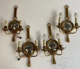 1950/70′ 2 Pairs of Gilt Bronze Sconces With Convex Mirror Signed Petitot