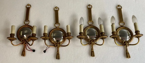 1950/70′ 2 Pairs of Gilt Bronze Sconces With Convex Mirror Signed Petitot