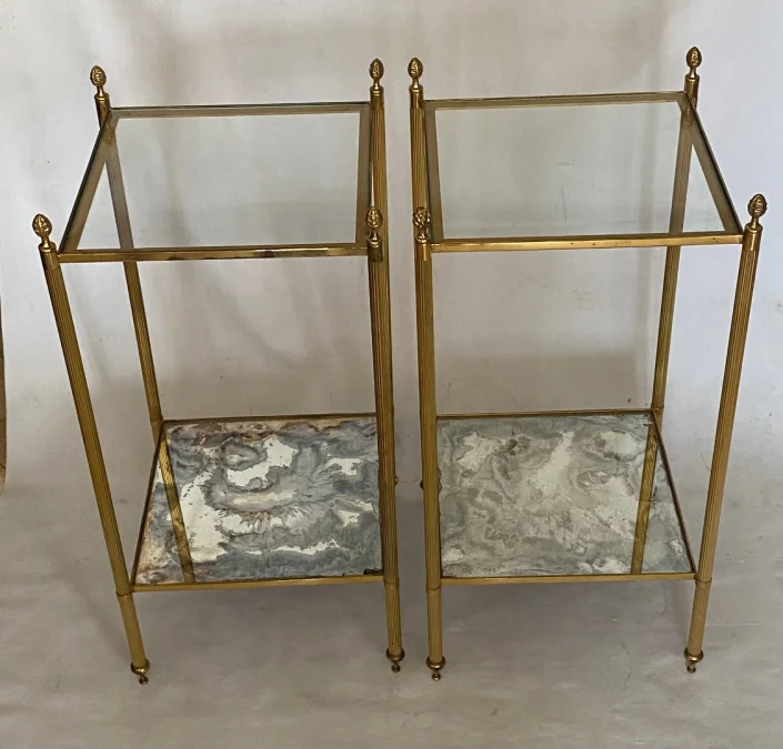 1970′ Pair of Square Sofa Ends Maison Baguès Silver Oxidized Mirror Trays