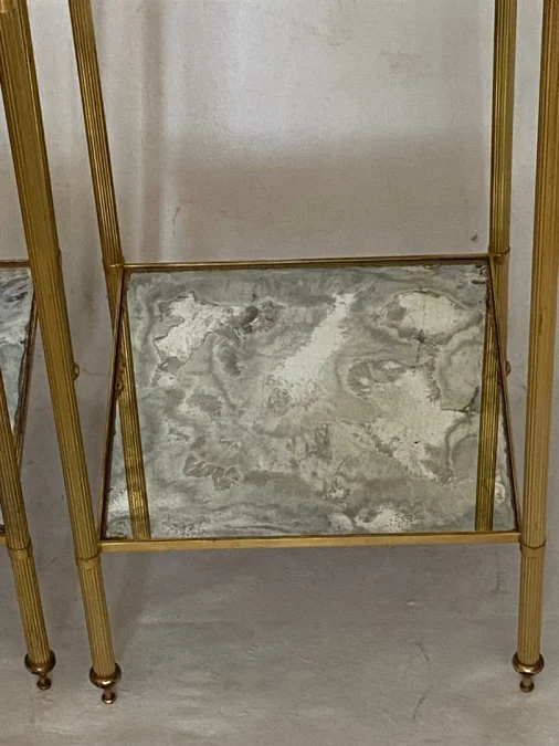 1970′ Pair of Square Sofa Ends Maison Baguès Silver Oxidized Mirror Trays