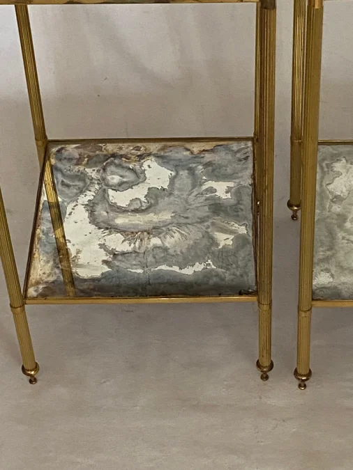 1970′ Pair of Square Sofa Ends Maison Baguès Silver Oxidized Mirror Trays