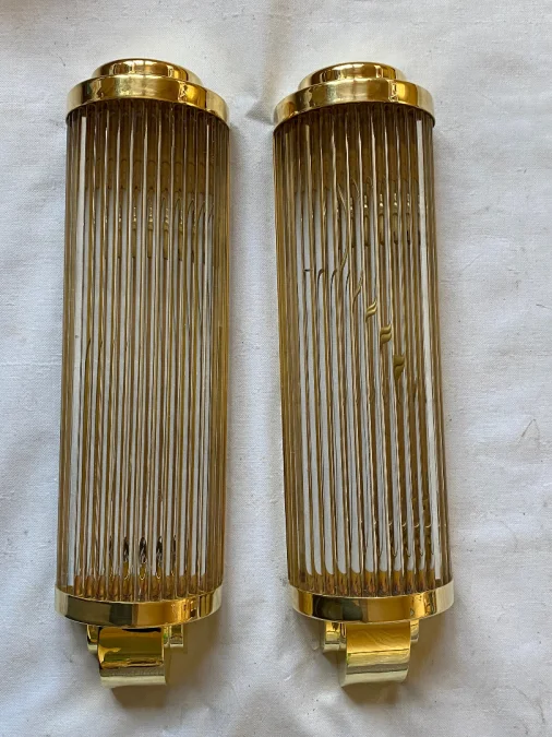 1970' Pair Of Brass Or Bronze Sconces With Glass Tubes Genet Michon Or Petitot Style