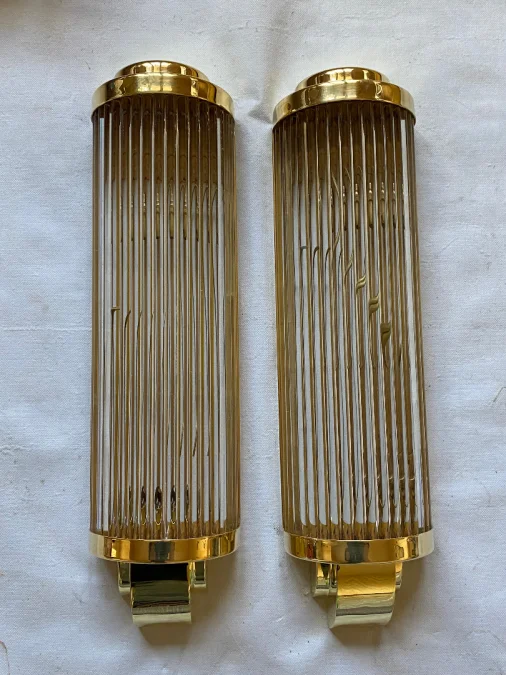 1970' Pair Of Brass Or Bronze Sconces With Glass Tubes Genet Michon Or Petitot Style