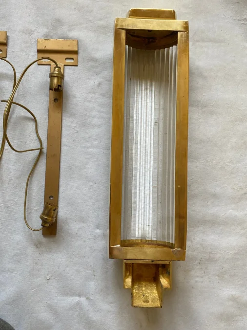 1970' Pair Of Brass Or Bronze Sconces With Glass Tubes Genet Michon Or Petitot Style