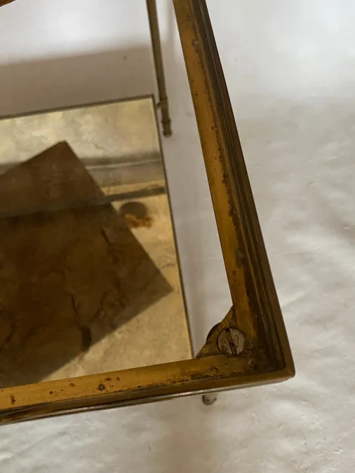 1950/70′ End Of Sofa With Gallery Maison Baguès Brass and Bronze Aged Oxidized Mirror Trays and Flower