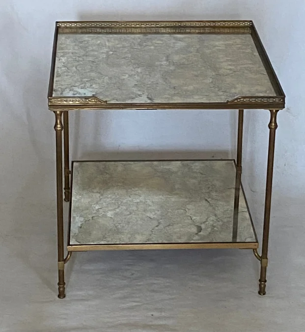 1950/70′ End Of Sofa With Gallery Maison Baguès Brass and Bronze Aged Oxidized Mirror Trays and Flower