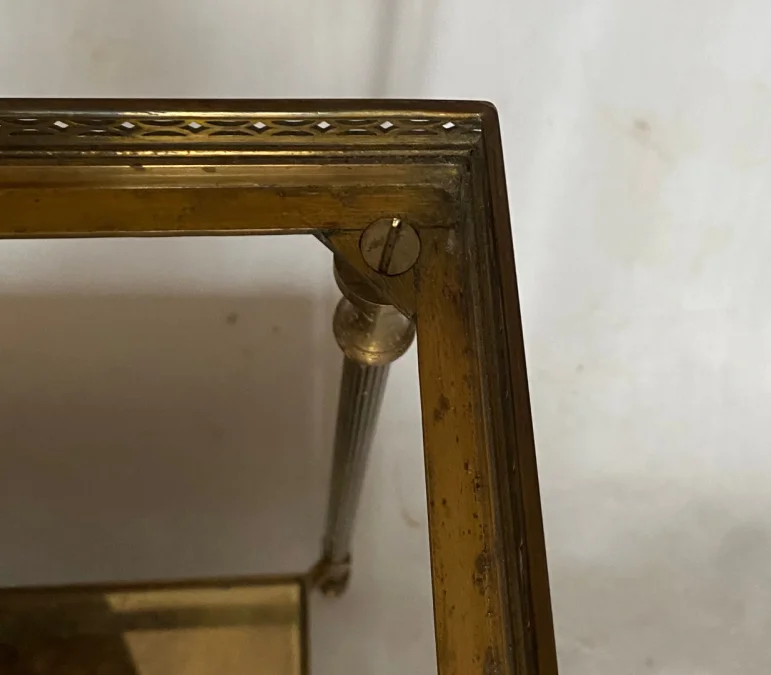 1950/70′ End Of Sofa With Gallery Maison Baguès Brass and Bronze Aged Oxidized Mirror Trays and Flower