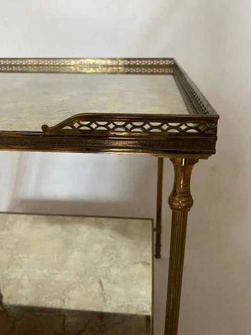 1950/70′ End Of Sofa With Gallery Maison Baguès Brass and Bronze Aged Oxidized Mirror Trays and Flower