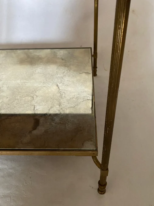1950/70′ End Of Sofa With Gallery Maison Baguès Brass and Bronze Aged Oxidized Mirror Trays and Flower