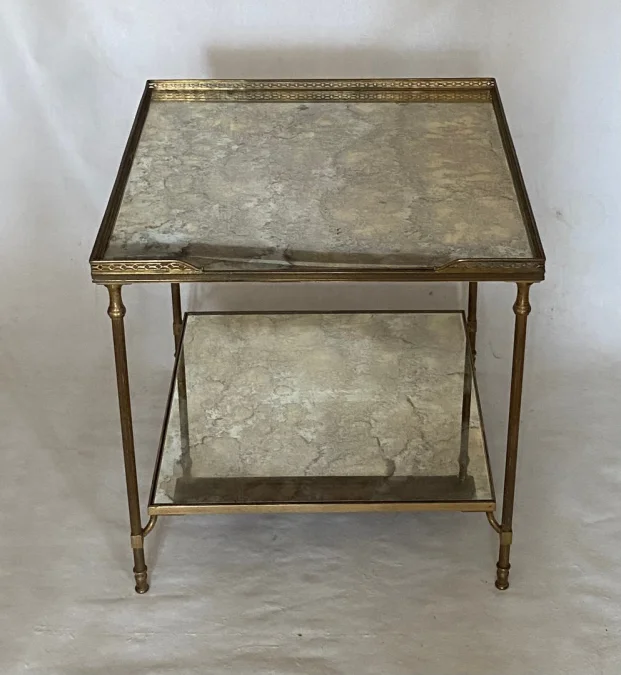 1950/70′ End Of Sofa With Gallery Maison Baguès Brass and Bronze Aged Oxidized Mirror Trays and Flower