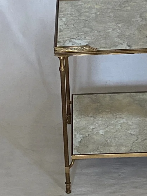 1950/70′ End Of Sofa With Gallery Maison Baguès Brass and Bronze Aged Oxidized Mirror Trays and Flower