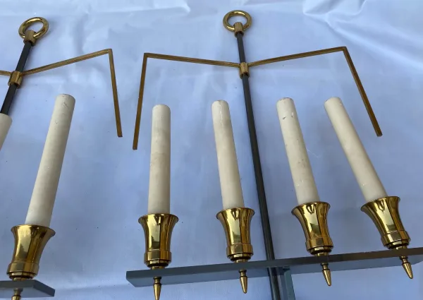 1970′ Pair of Directoire Style Double Patina Bronze Sconces Maison Jansen Ou Wilkinson