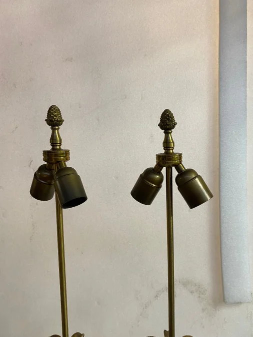1970′ Pair Of Maison Charles Style Bronze Lamps With Amber Colored Bakelite Egg
