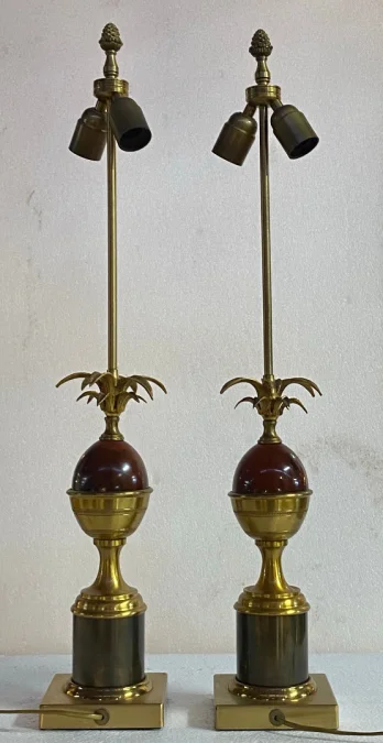 1970′ Pair Of Maison Charles Style Bronze Lamps With Amber Colored Bakelite Egg