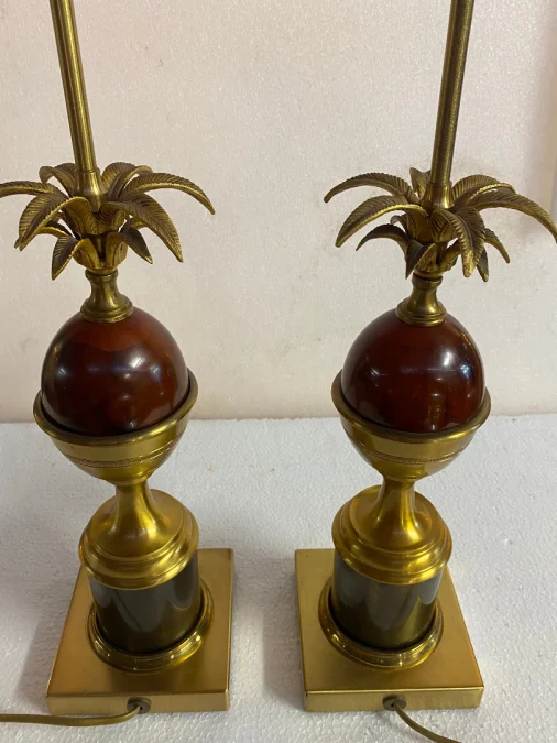 1970′ Pair Of Maison Charles Style Bronze Lamps With Amber Colored Bakelite Egg