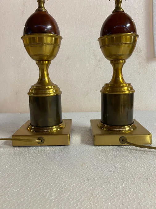 1970′ Pair Of Maison Charles Style Bronze Lamps With Amber Colored Bakelite Egg