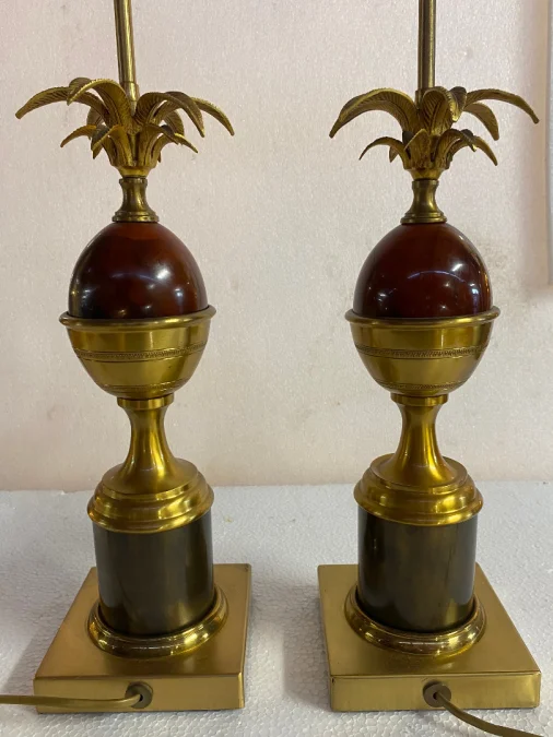 1970′ Pair Of Maison Charles Style Bronze Lamps With Amber Colored Bakelite Egg