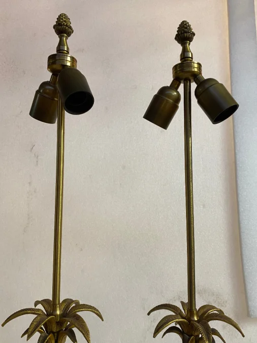 1970′ Pair Of Maison Charles Style Bronze Lamps With Amber Colored Bakelite Egg